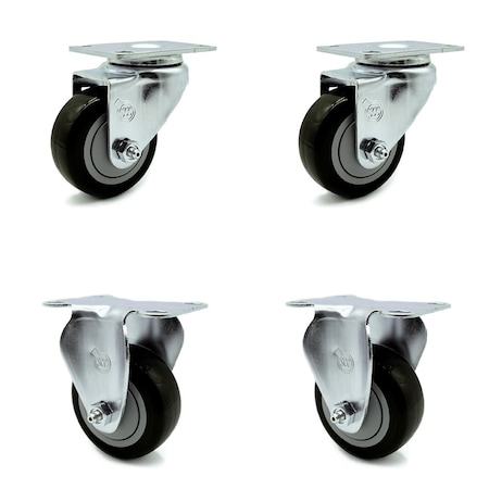 Service Caster 3 Inch Black Polyurethane Wheel Swivel Top Plate Caster Set with 2 Rigid SCC SCC-20S314-PPUB-BLK-TP3-2-R-2